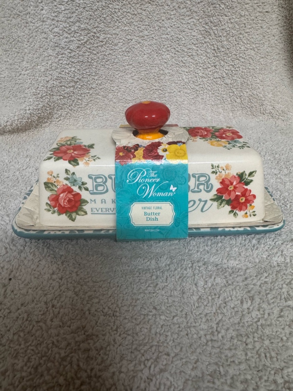 The Pioneer Woman Floral Ceramic Butter Dish with Red Knob